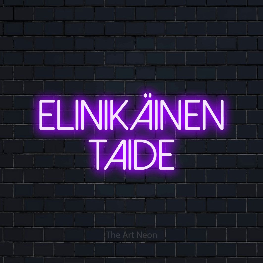 LED neon sign reading “Elinikäinen taide”, arranged in 2 lines.