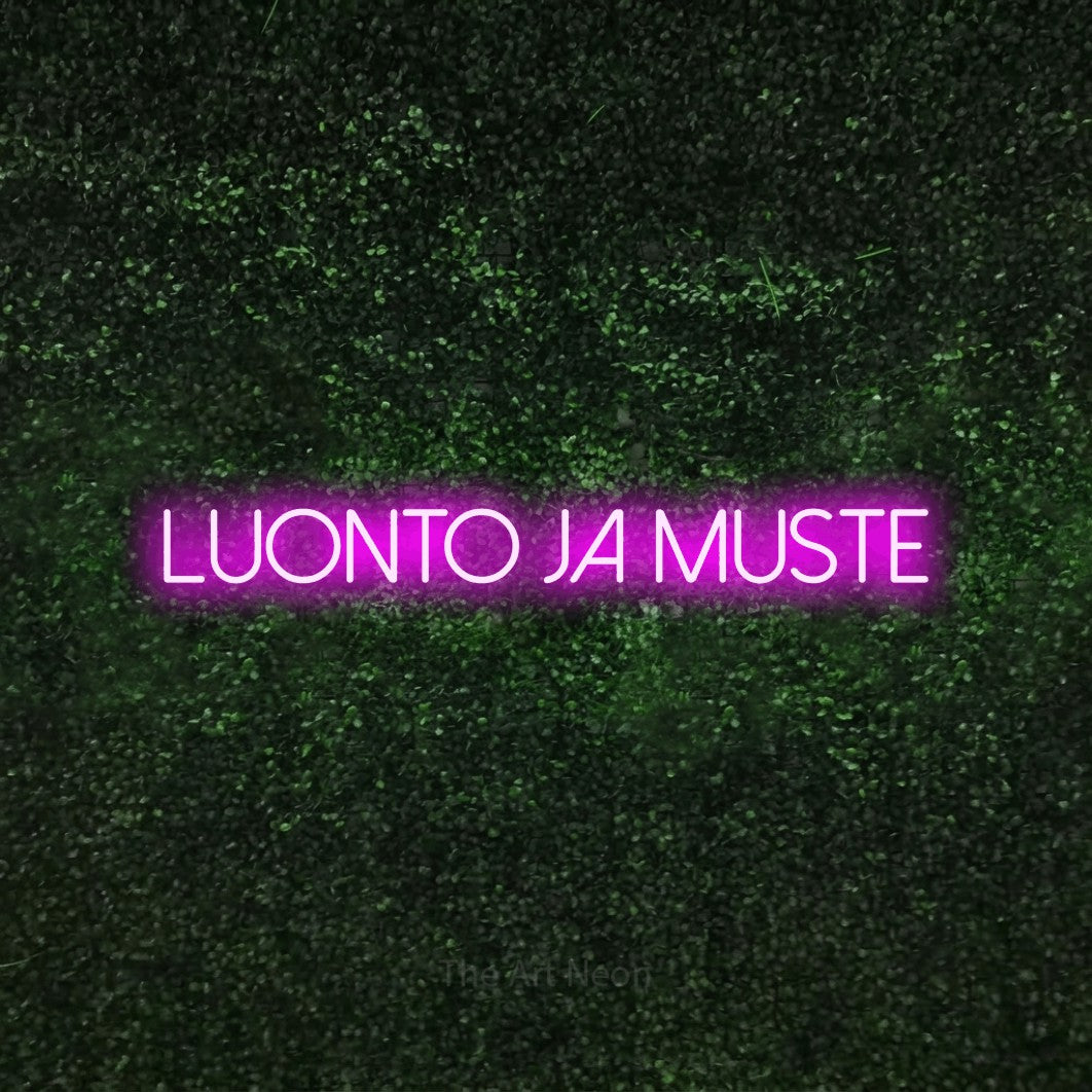 LED neon sign reading “Luonto ja muste”, arranged in a single line.
