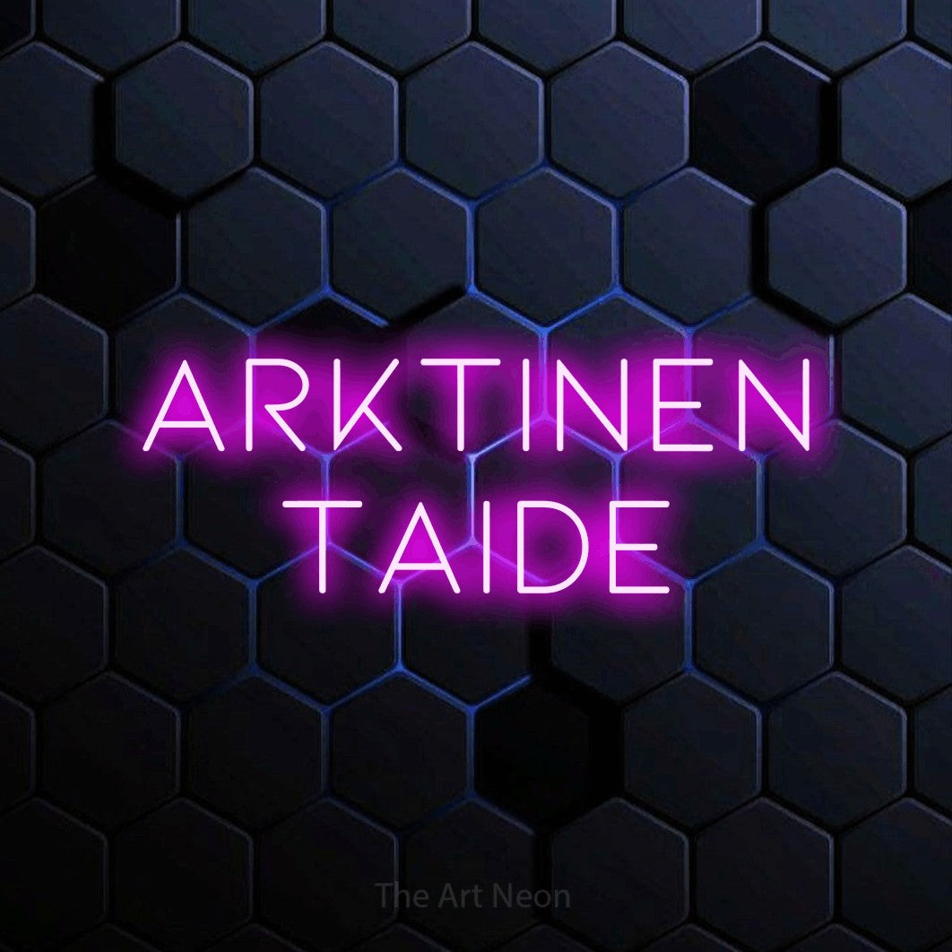 LED neon sign reading “Arktinen taide”, arranged in 2 lines.