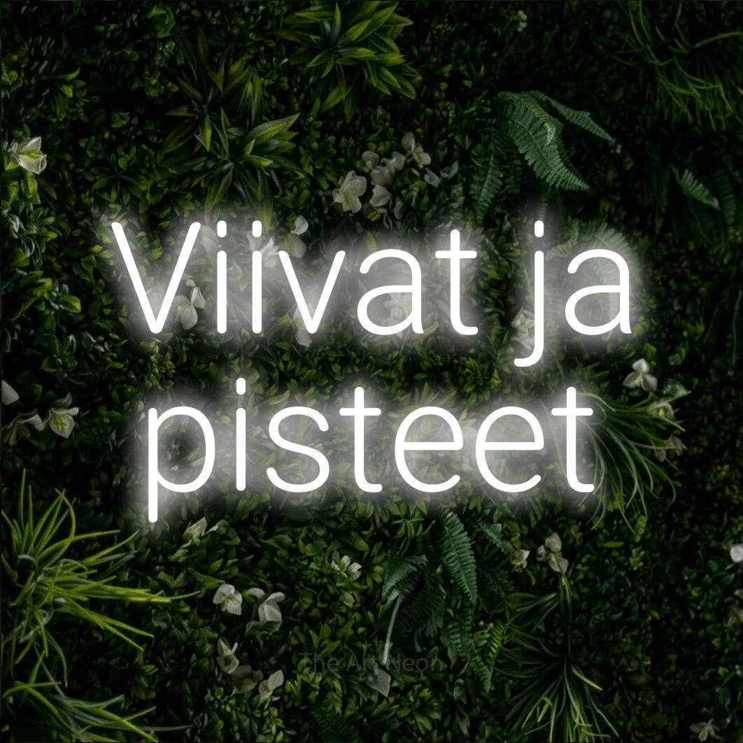 LED neon sign reading “Viivat ja pisteet”, arranged in 2 lines.