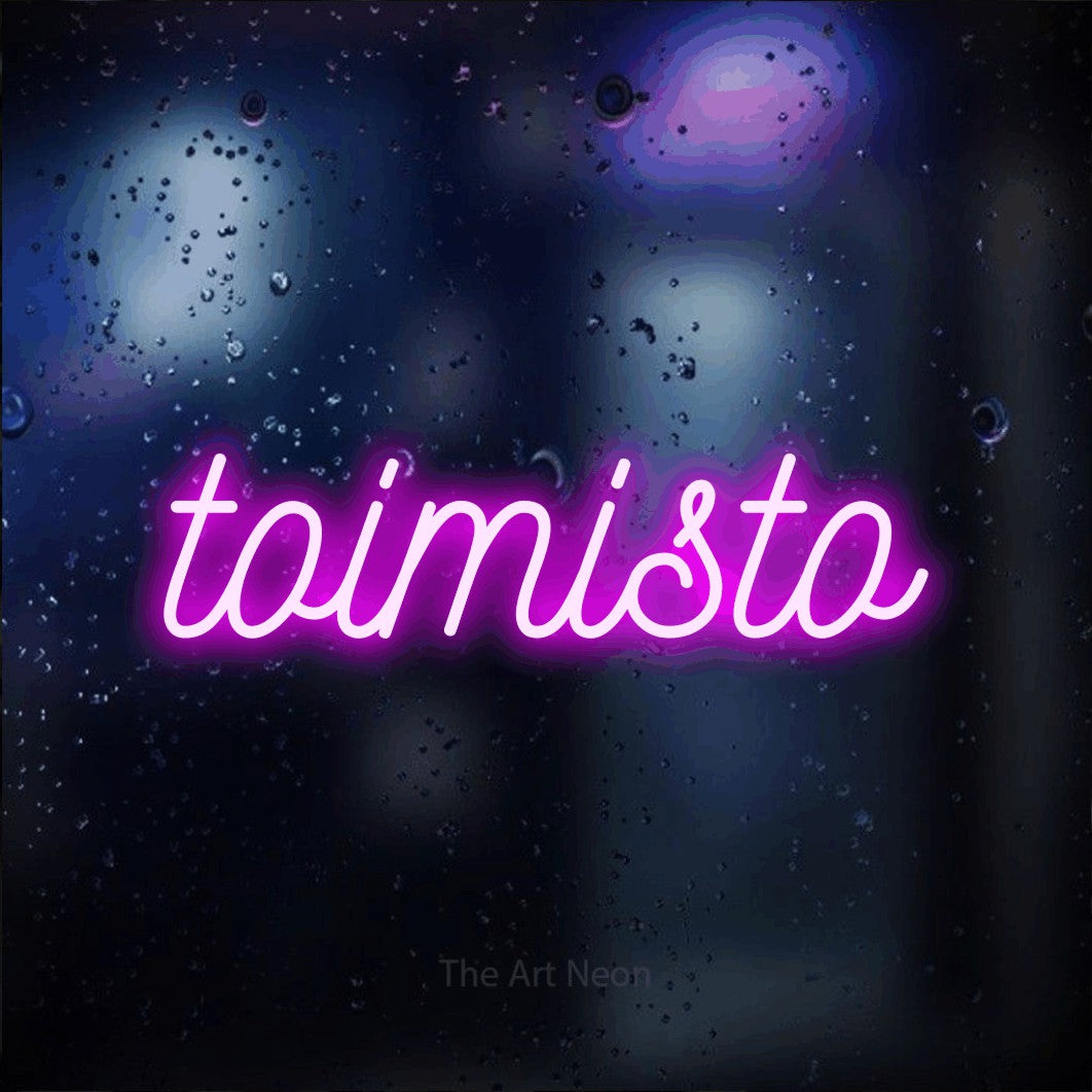 LED neon sign reading “toimisto”, arranged in a single line.