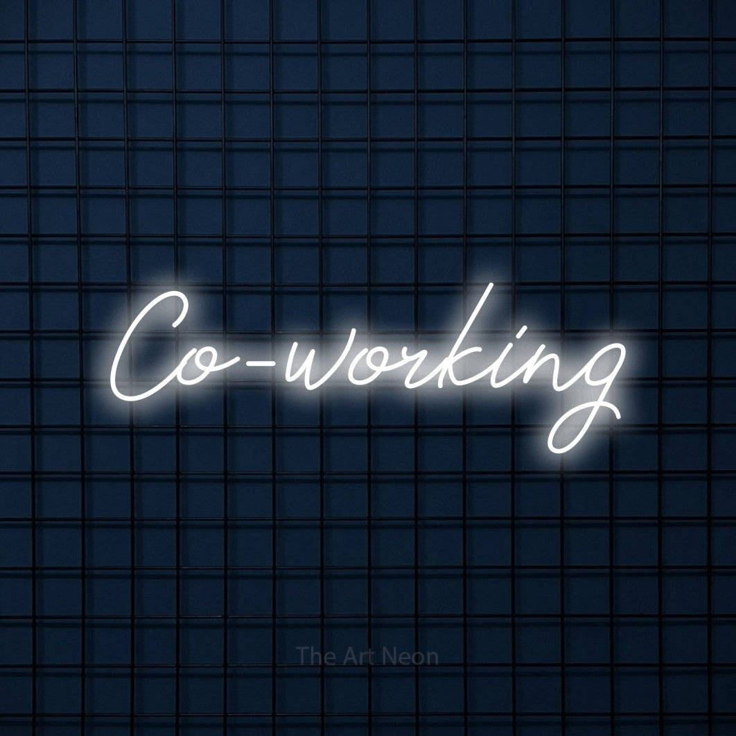 LED neon sign reading “Co-working”, arranged in a single line.