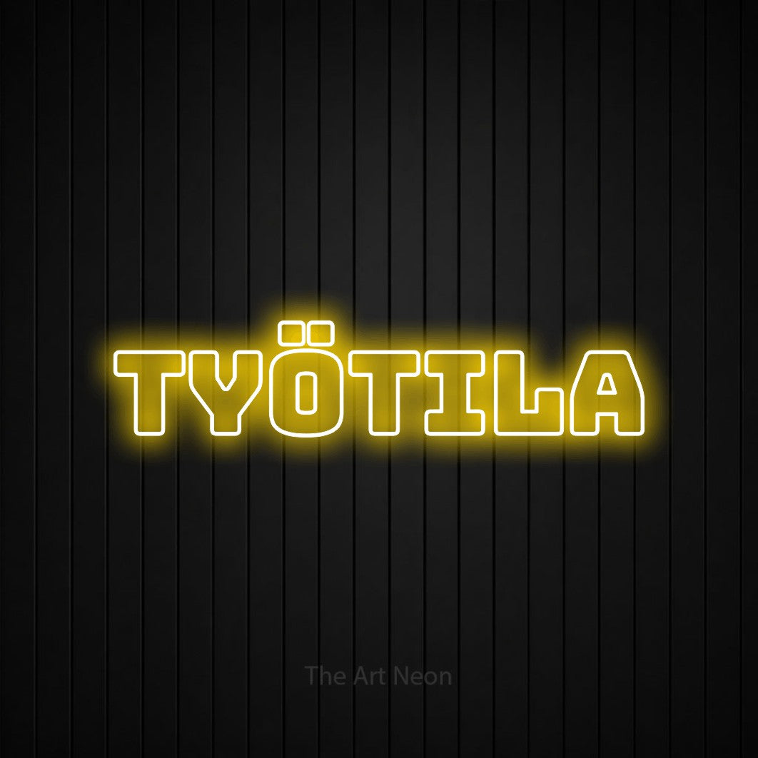 LED neon sign reading “Työtila”, arranged in a single line.