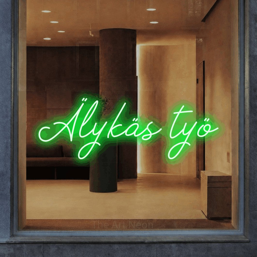 LED neon sign reading “Älykäs työ”, arranged in a single line.