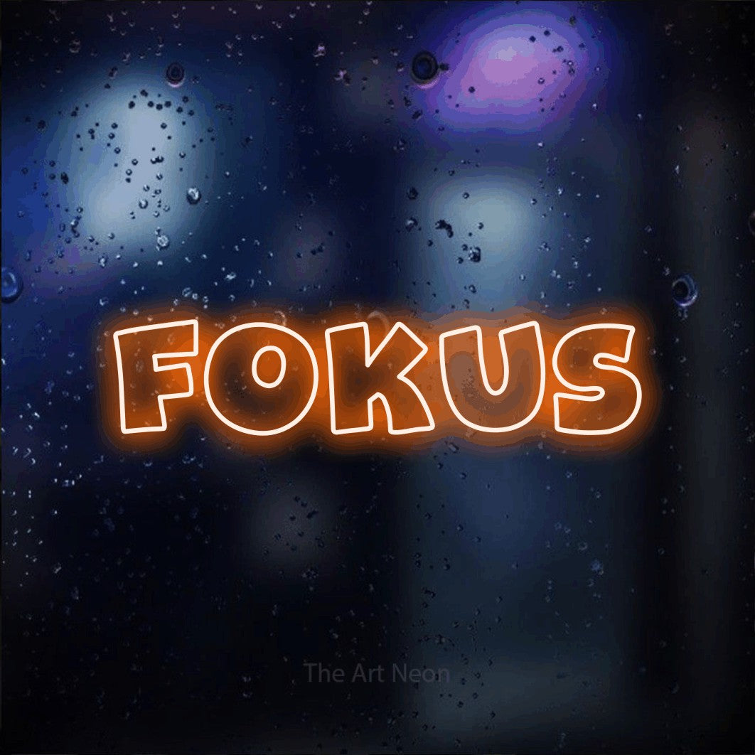 LED neon sign reading “Fokus”, arranged in a single line.