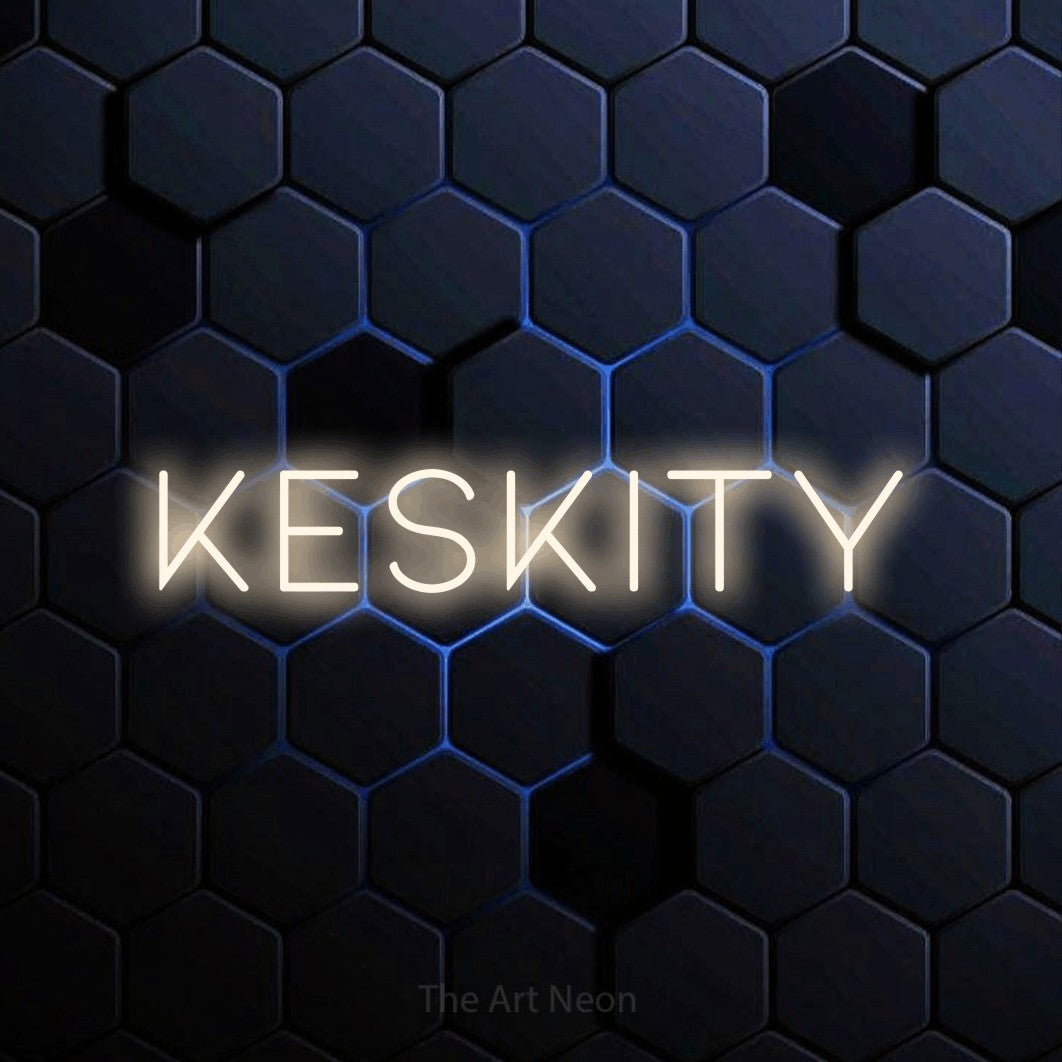 LED neon sign reading “Keskity”, arranged in a single line.