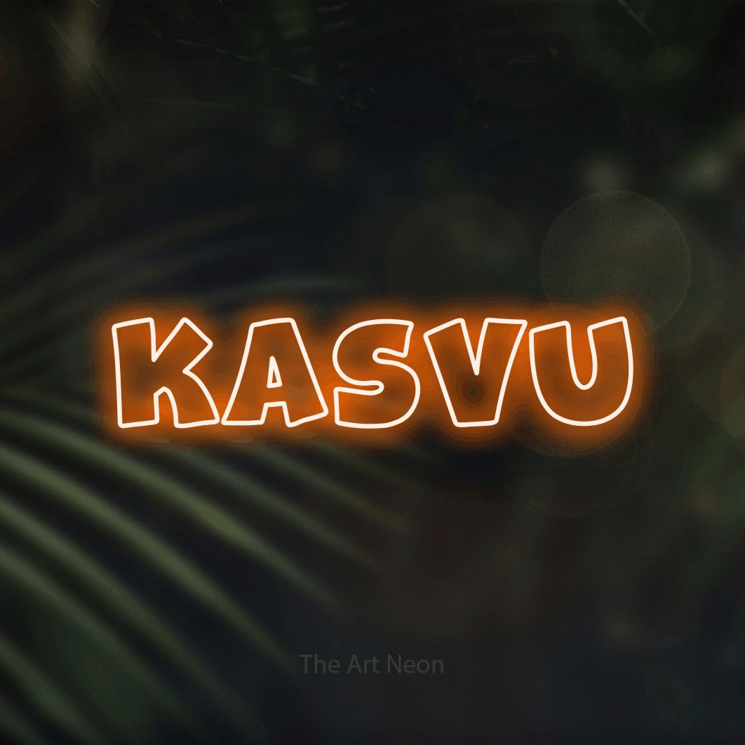LED neon sign reading “Kasvu”, arranged in a single line.