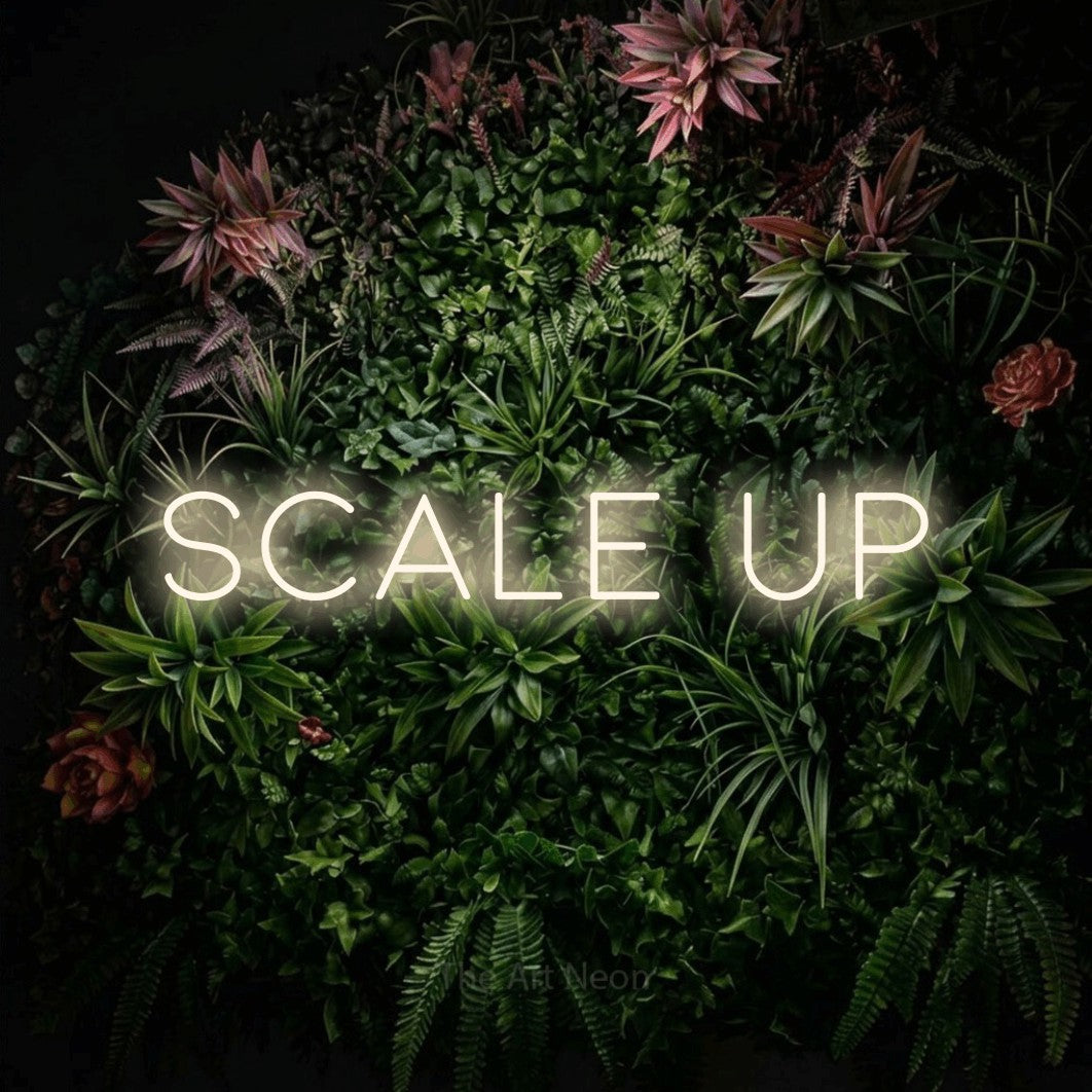 LED neon sign reading “Scale up”, arranged in a single line.