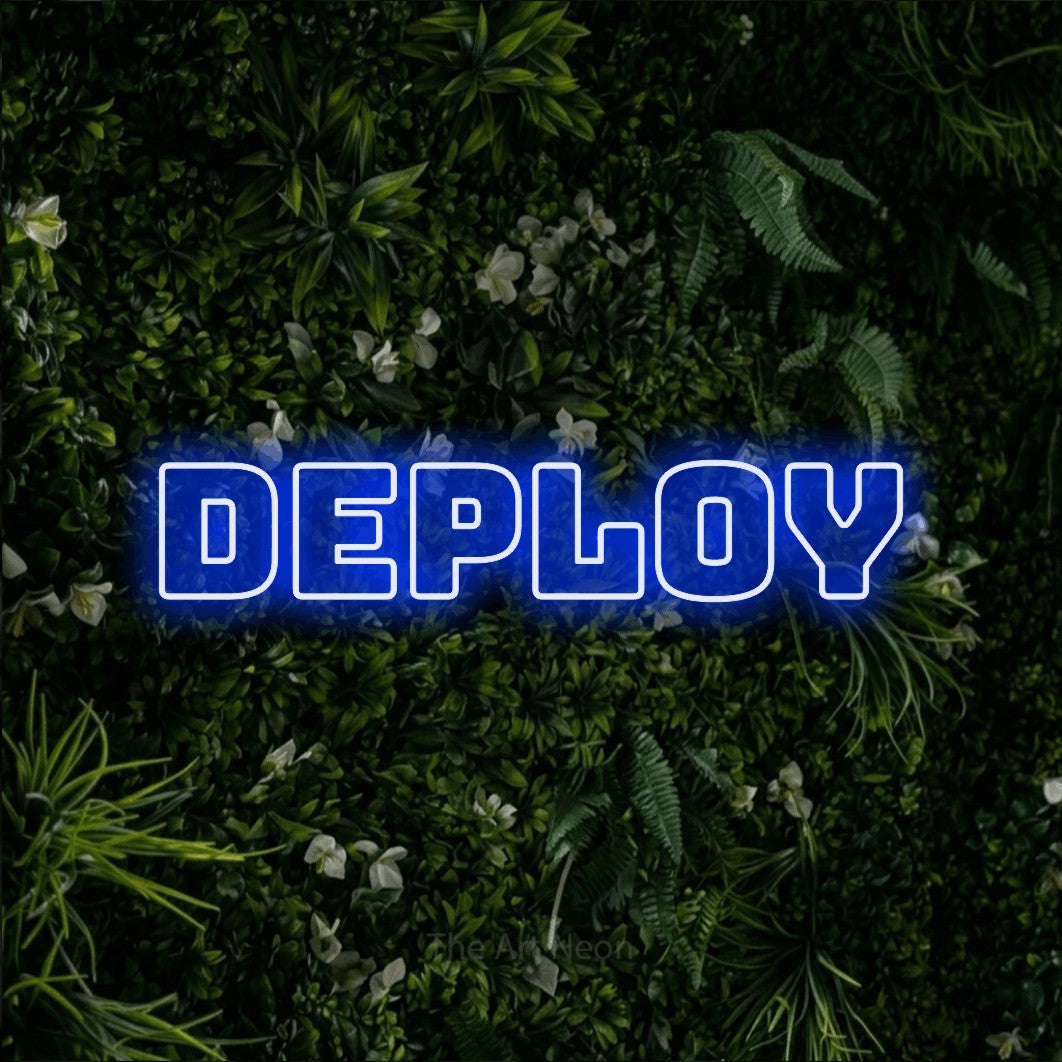 LED neon sign reading “Deploy”, arranged in a single line.