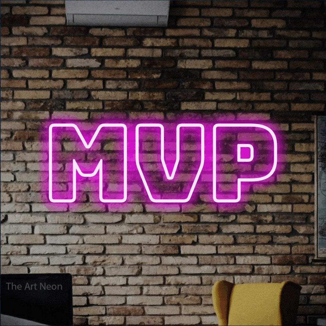 LED neon sign reading “MVP”, arranged in a single line.