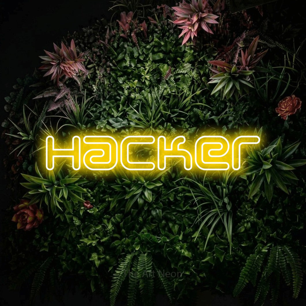 LED neon sign reading “Hacker”, arranged in a single line.