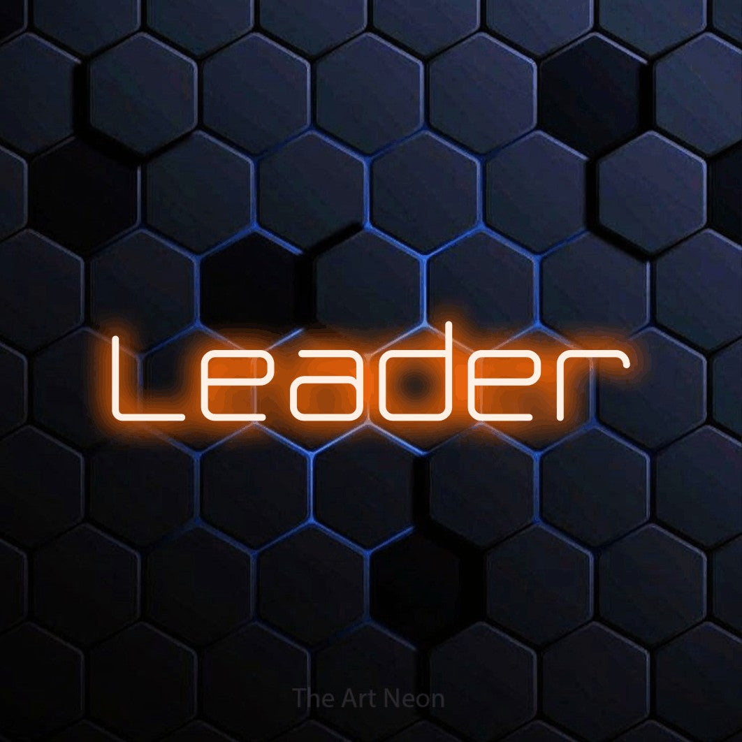 LED neon sign reading “Leader”, arranged in a single line.