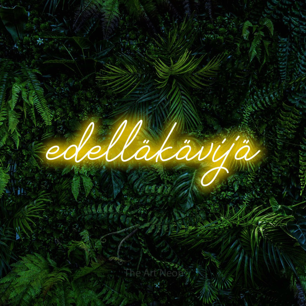 LED neon sign reading “edelläkävijä”, arranged in a single line.