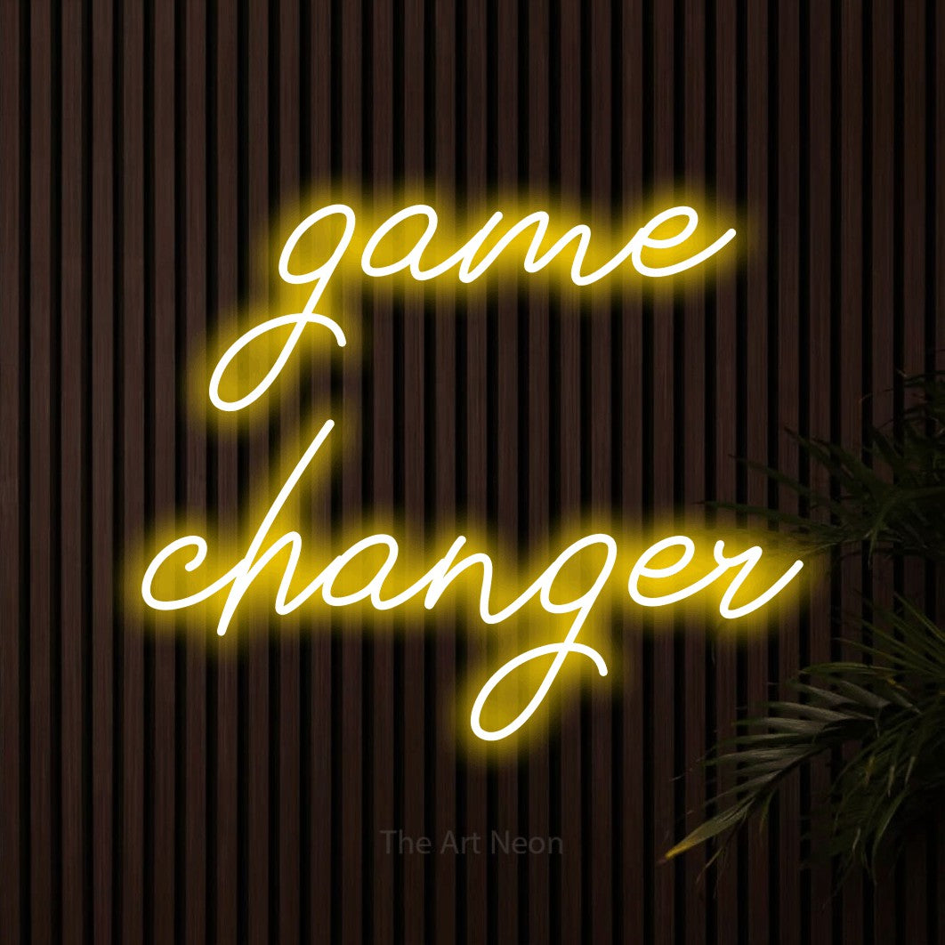 LED neon sign reading “game changer”, arranged in 2 lines.