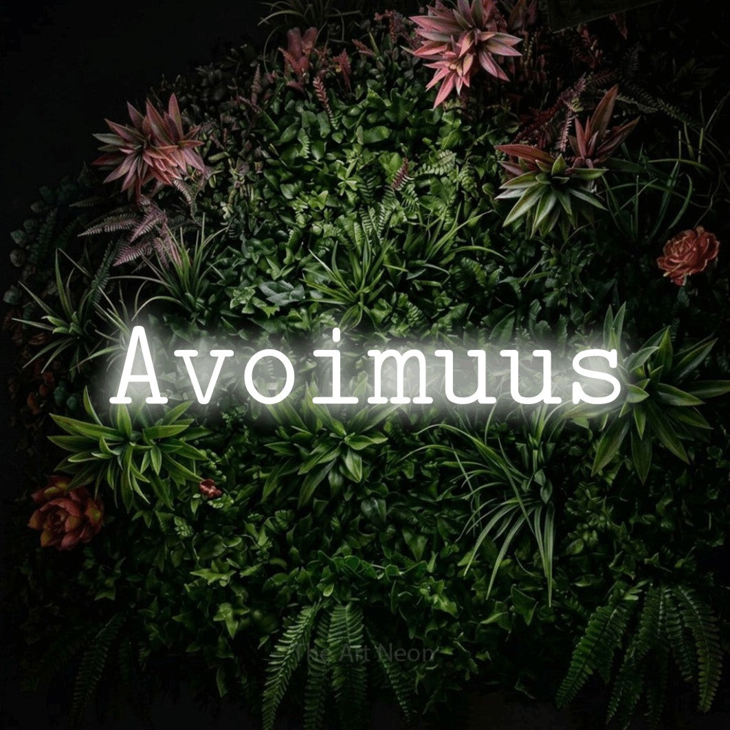LED neon sign reading “Avoimuus”, arranged in a single line.