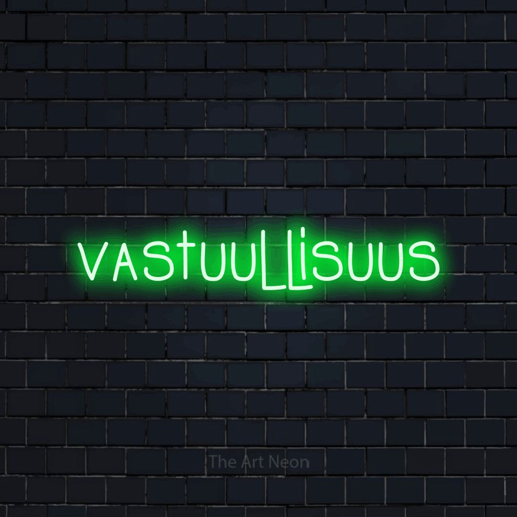 LED neon sign reading “vastuullisuus”, arranged in a single line.