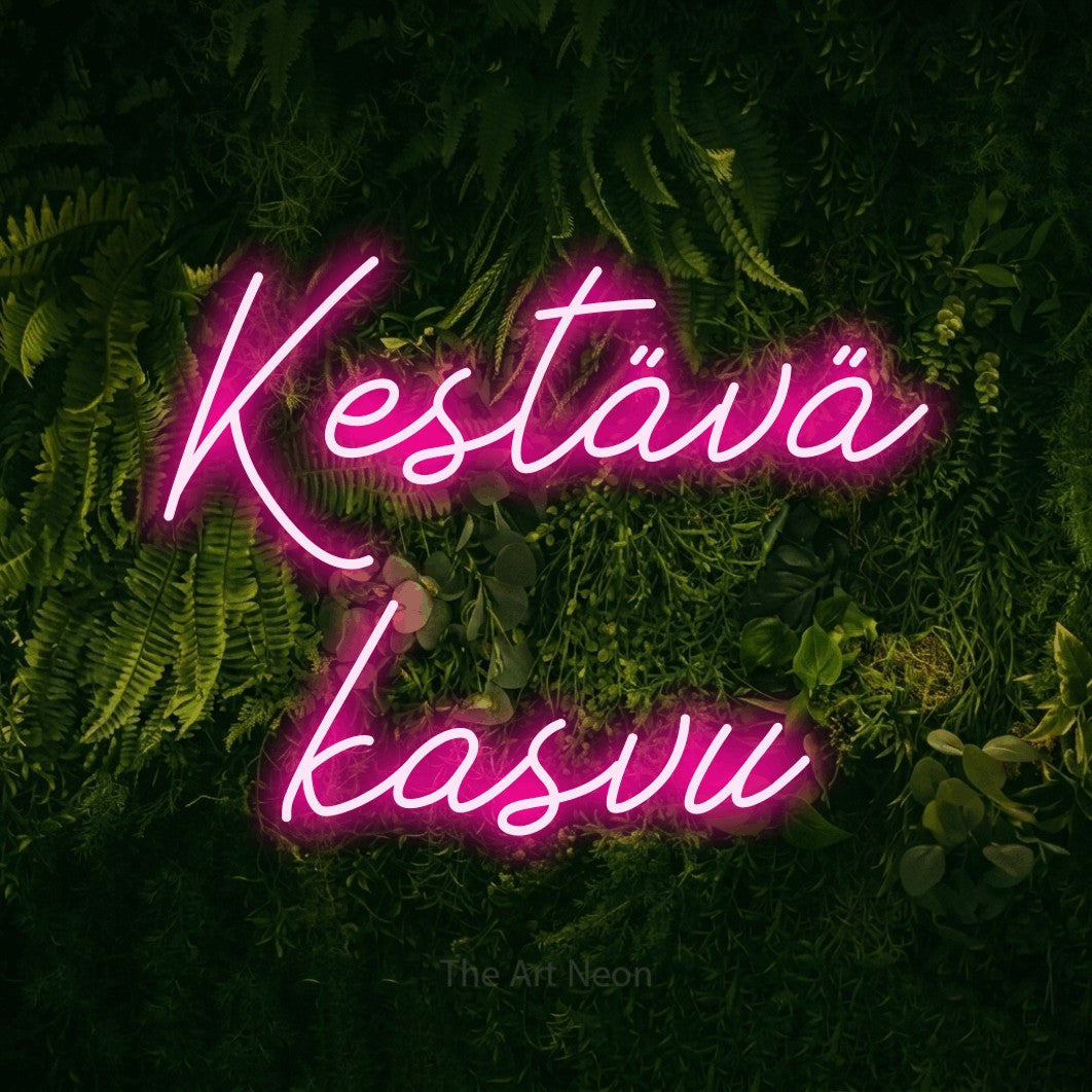 LED neon sign reading “Kestävä kasvu”, arranged in 2 lines.