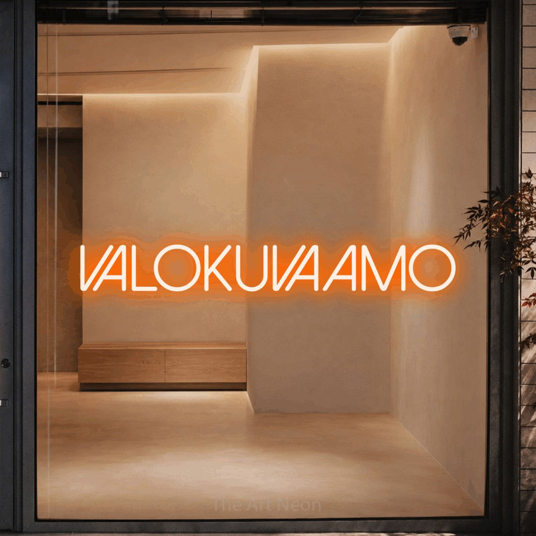 LED neon sign reading “VALOKUVAAMO”, arranged in a single line.