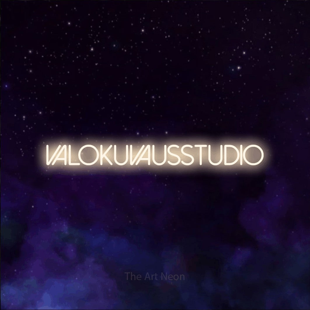 LED neon sign reading “valokuvausstudio”, arranged in a single line.