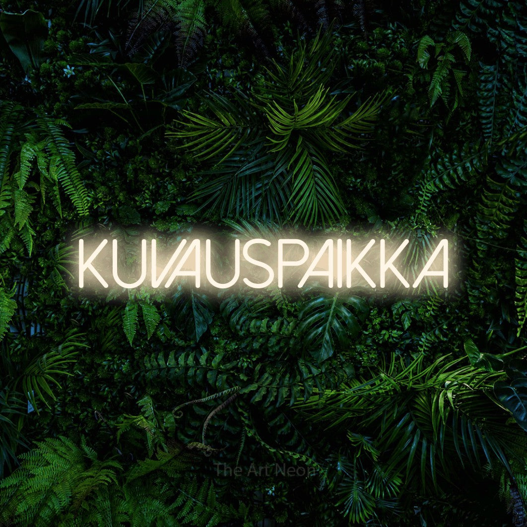 LED neon sign reading “kuvauspaikka”, arranged in a single line.