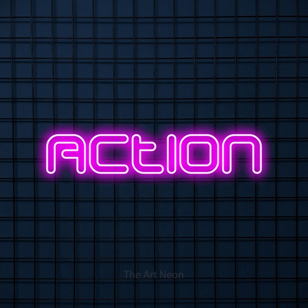 LED neon sign reading “Action”, arranged in a single line.
