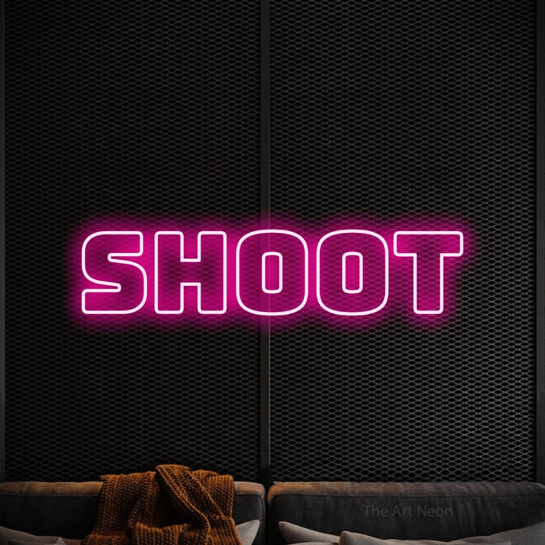 LED neon sign reading “Shoot”, arranged in a single line.
