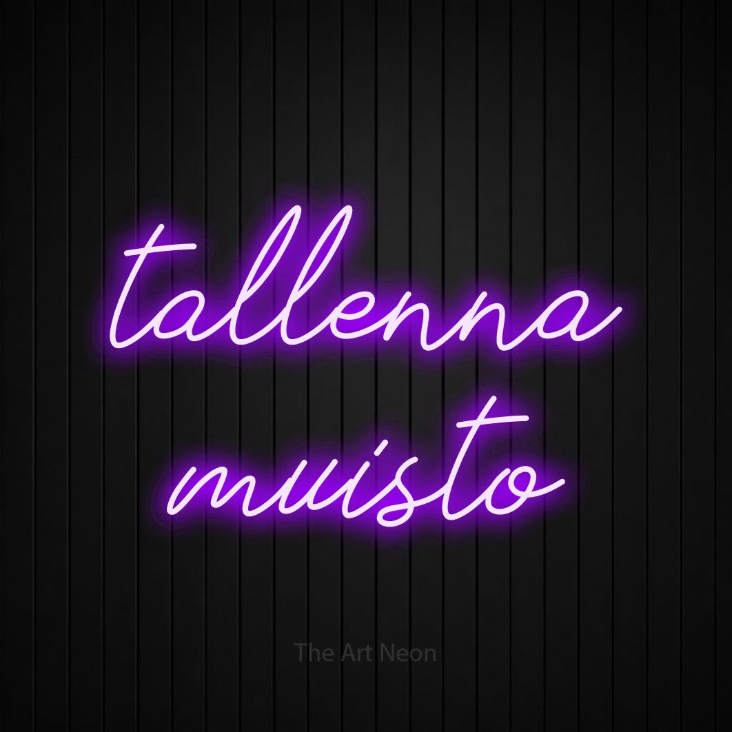 LED neon sign reading “tallenna muisto”, arranged in 2 lines.