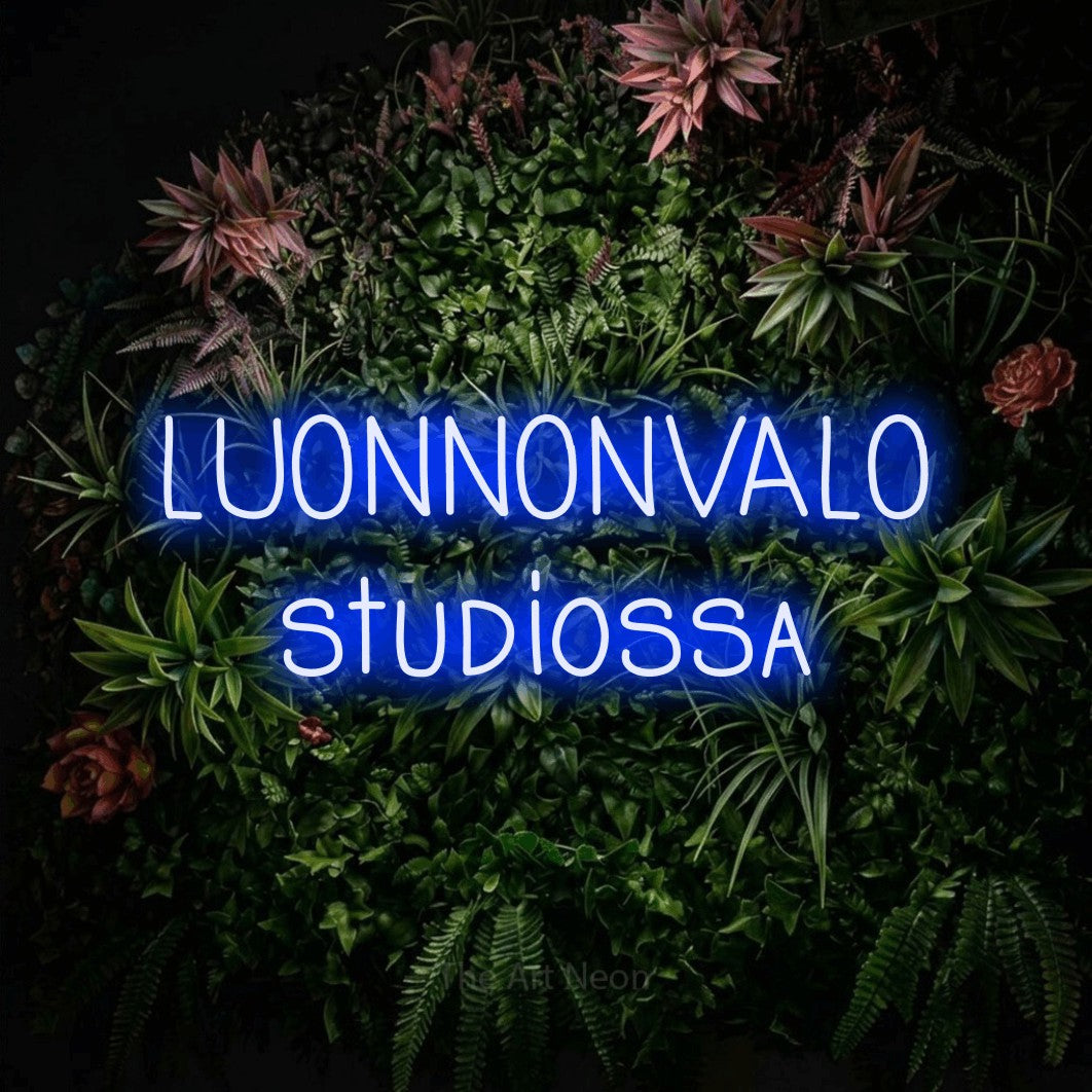 LED neon sign reading “LUONNONVALO studiossa”, arranged in 2 lines.