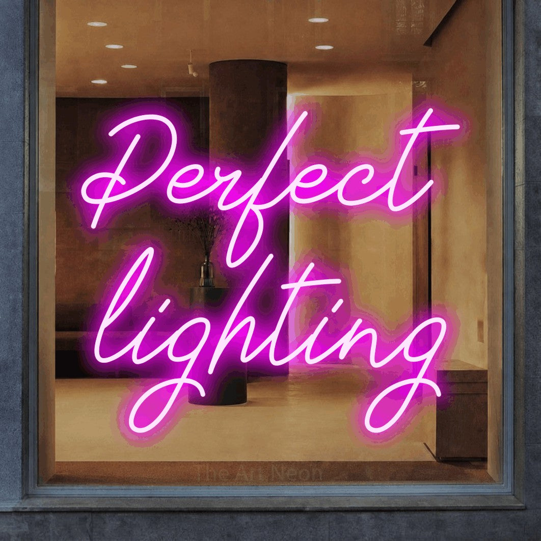 LED neon sign reading “Perfect lighting”, arranged in 2 lines.