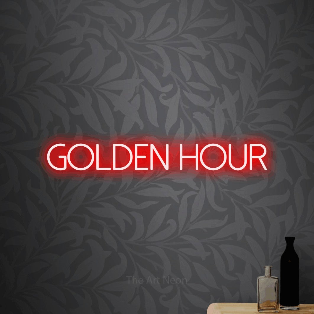 LED neon sign reading “Golden hour”, arranged in a single line.