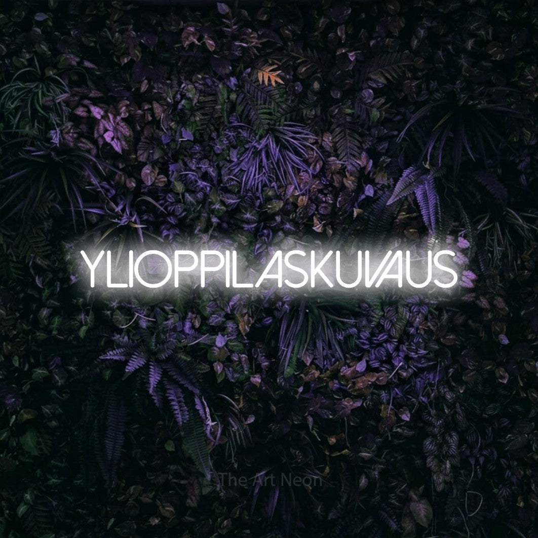LED neon sign reading “Ylioppilaskuvaus”, arranged in a single line.