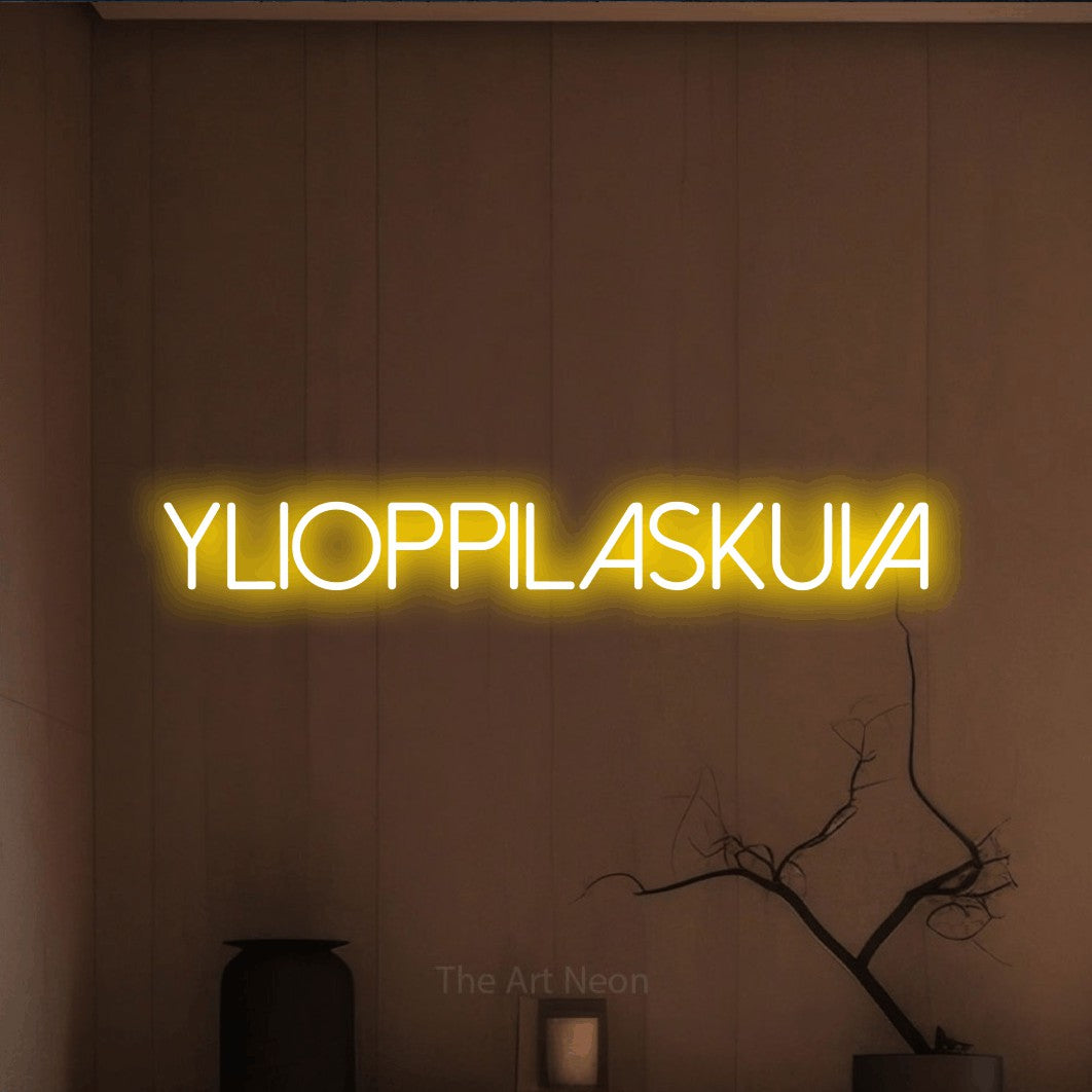 LED neon sign reading “ylioppilaskuva”, arranged in a single line.