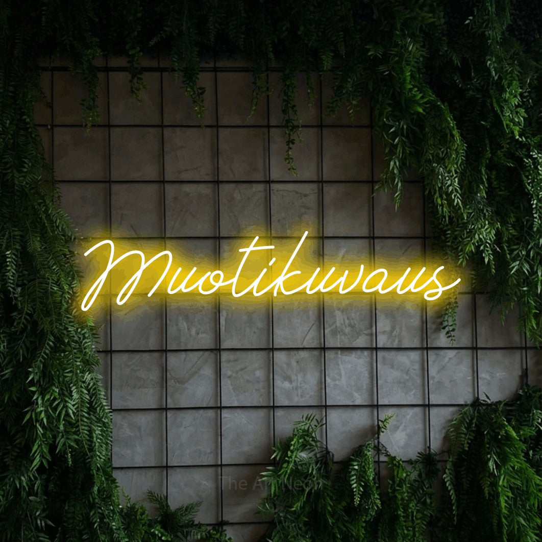 LED neon sign reading “Muotikuvaus”, arranged in a single line.
