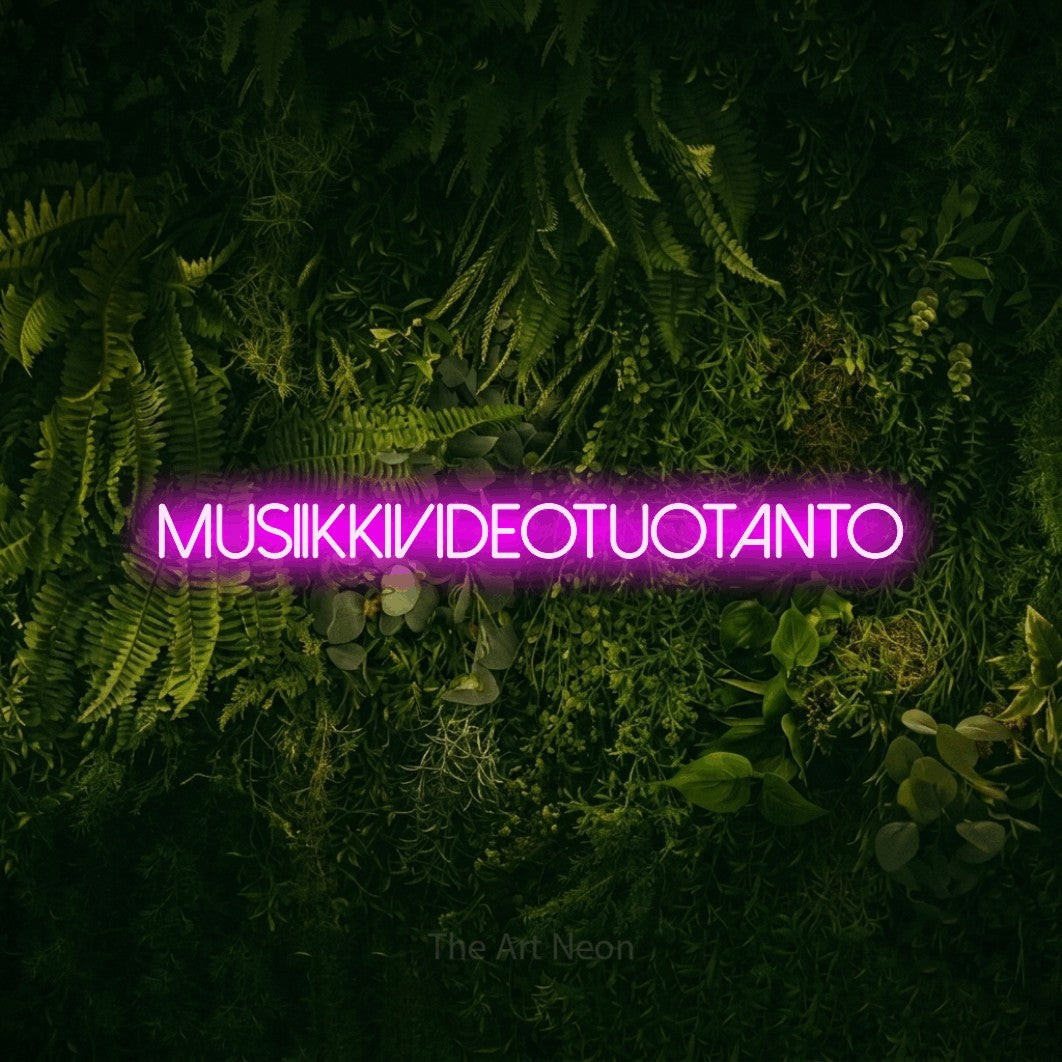 LED neon sign reading “Musiikkivideotuotanto”, arranged in a single line.