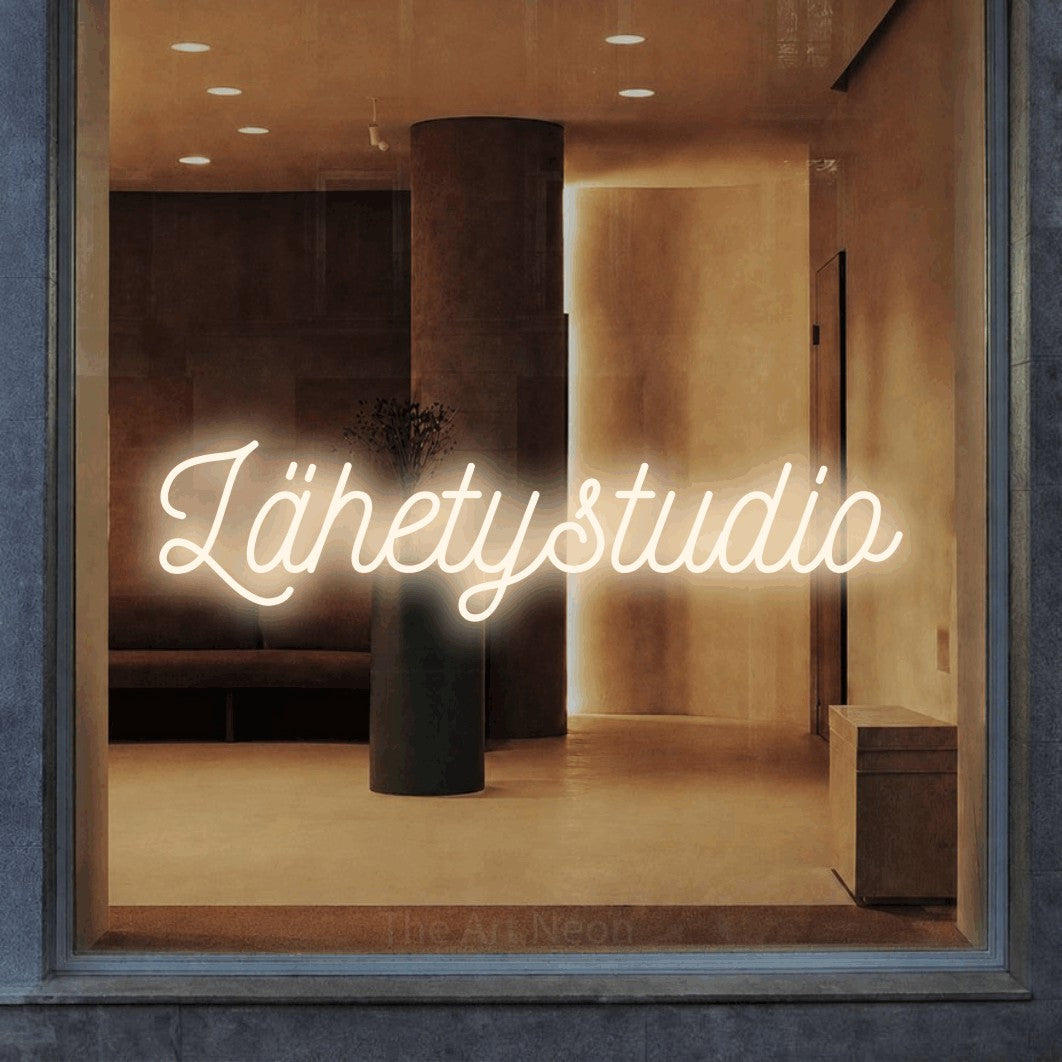 LED neon sign reading “Lähetystudio”, arranged in a single line.
