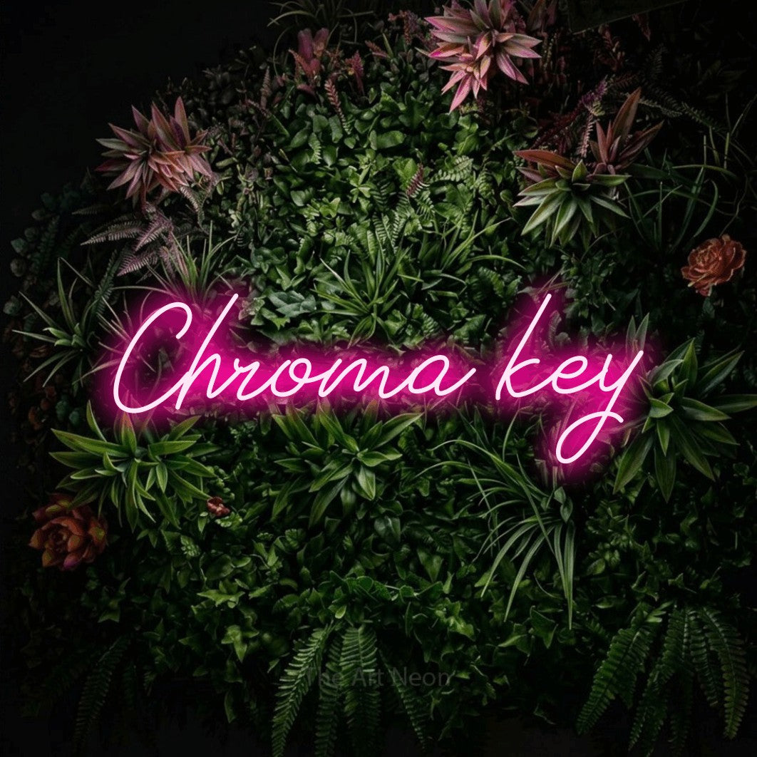 LED neon sign reading “Chroma key”, arranged in a single line.