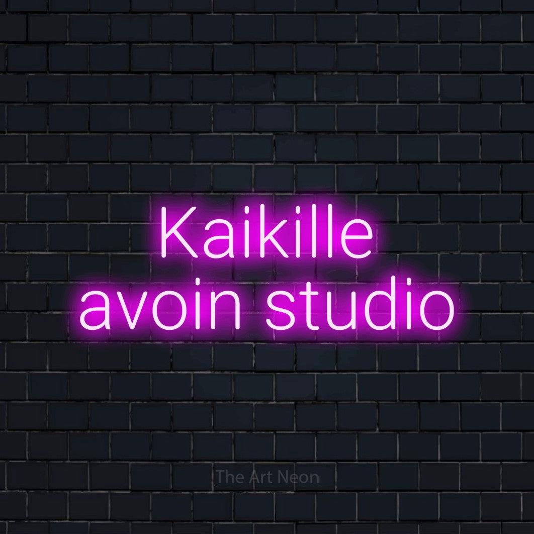 LED neon sign reading “Kaikille avoin studio”, arranged in 2 lines.