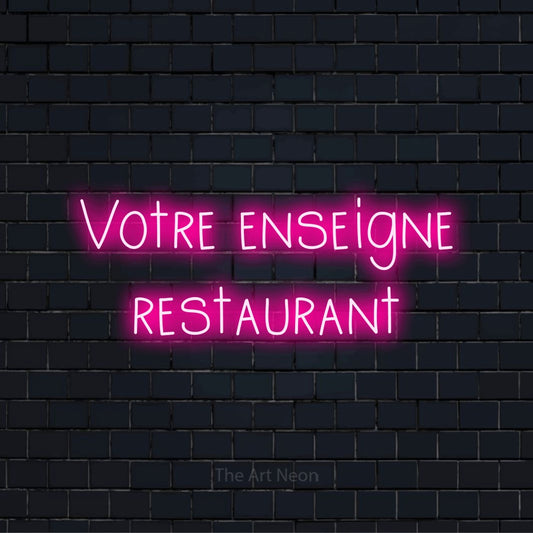 Enseigne néon personnalisée « Votre enseigne restaurant » sur un mur en briques noires