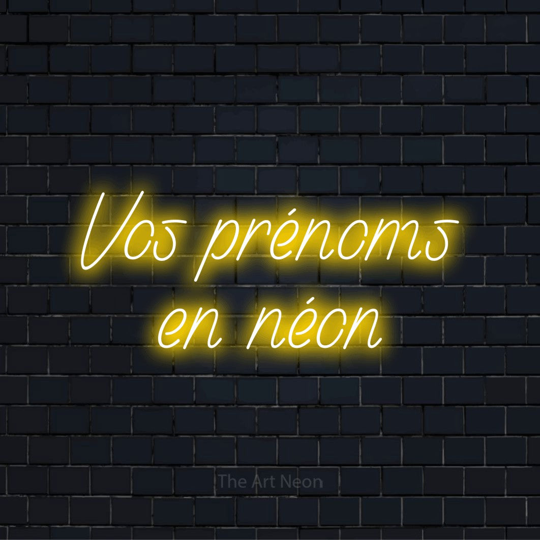 Enseigne néon personnalisée « Vos prénoms en néon » sur un mur en briques noires