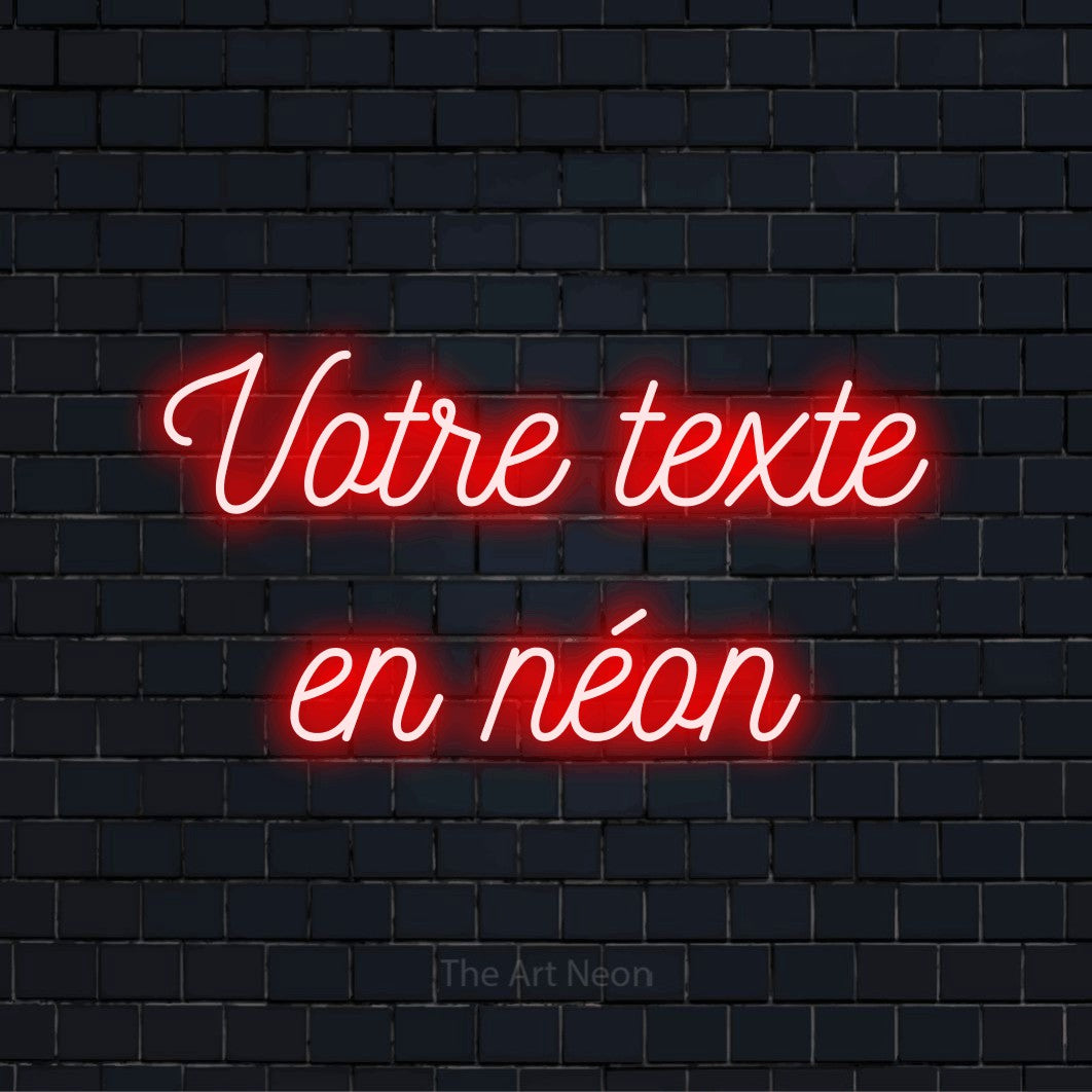 Enseigne néon personnalisée « Votre texte en néon » sur un mur en briques noires