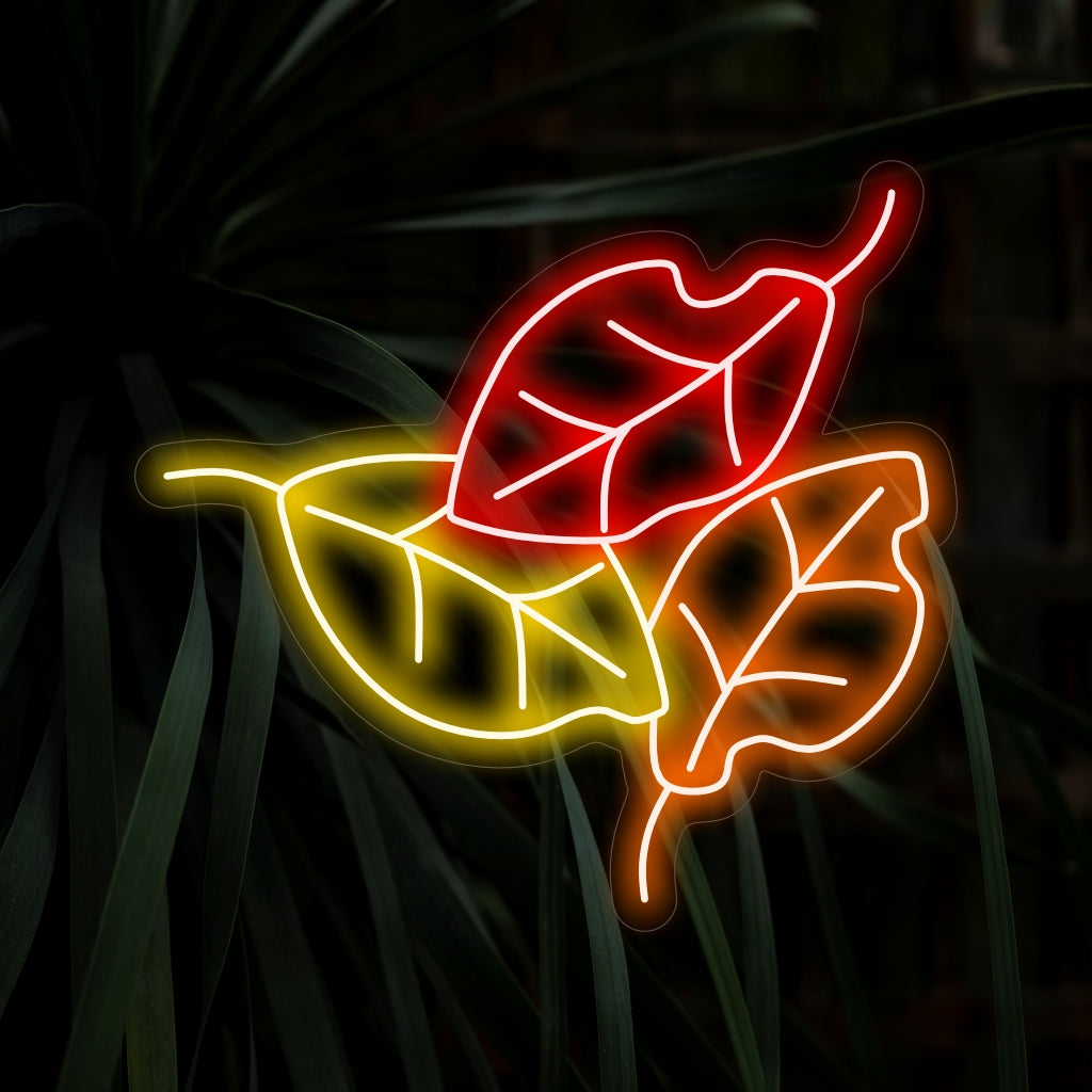 "Fall Leaves Neon Sign" valaisee lämpimillä syysväreillä, jotka sopivat ihanteellisesti vuodenaikojen sisustukseen ja tiloihin, jotka juhlivat syksyn kauneutta ja luovat kodikkaan ja kutsuvan tunnelman.