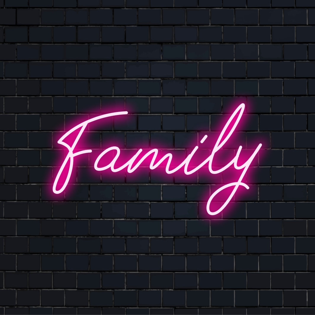 Mukautettu LED-valokyltti, jossa on sana Family eleganteilla kirjaimilla; täydellinen lämpimän, persoonallisen neonvalaisimen sisustukseen.