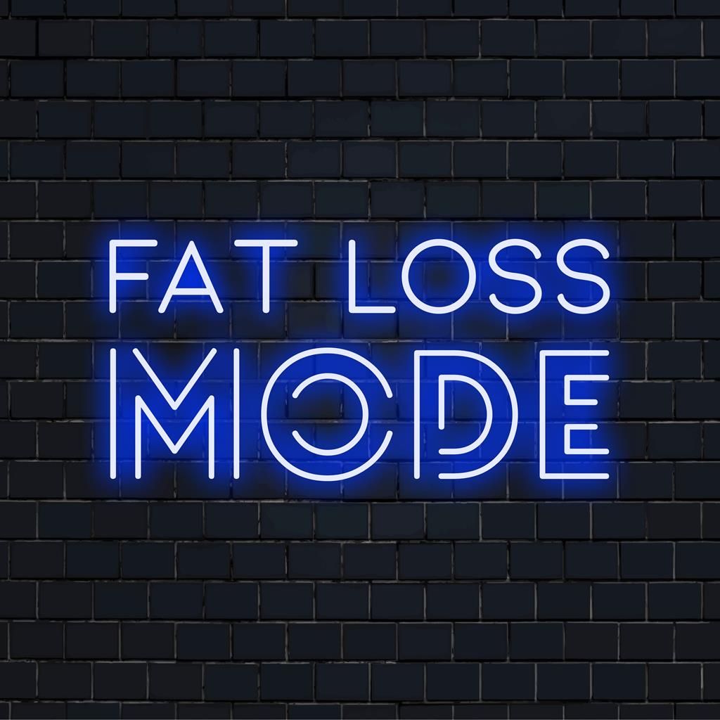 Mittatilaustyönä valmistettu LED-neonkyltti, joka valaisee Fat Loss Mode -tilan, täydellinen kuntomotivaatioon. Neonseinätaide, yksilöllinen LED-sisustus.
