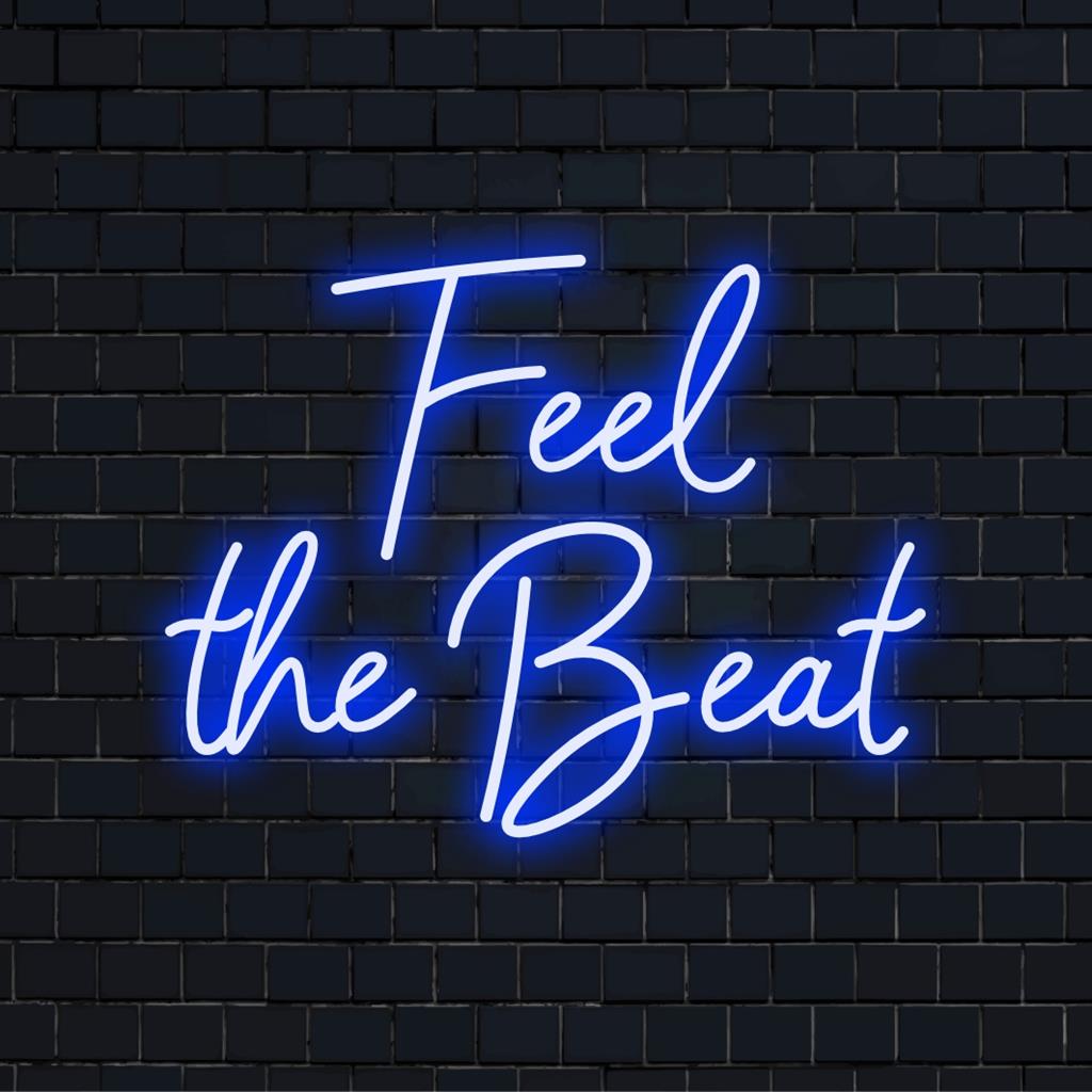 Vibrant Feel The Beat LED -valokyltti, joka on täydellinen energisoimaan mitä tahansa tilaa kiehtovalla hehkullaan ja mukautetulla neonkoristeella.
