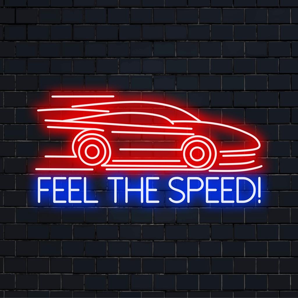 LED-valokuva, jossa on dynaaminen Feel The Speed! teksti, häikäisevä sisustuselementti, joka yhdistää taiteen ja valon mihin tahansa tilaan.