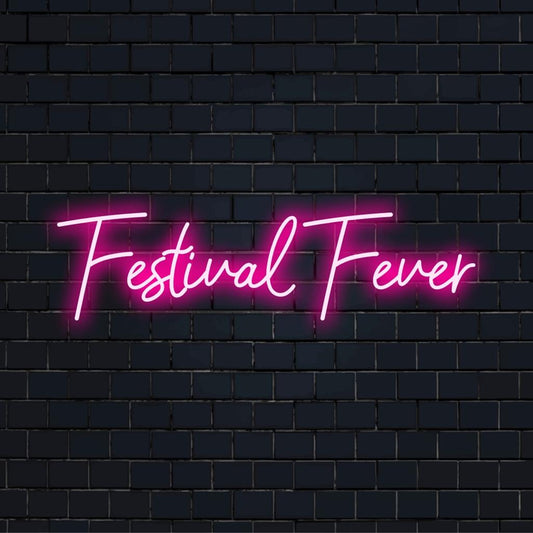 Custom LED neon sign, titled Festival Fever, features vibrant hues and dynamic shapes, enhancing any space with neon decor flair.