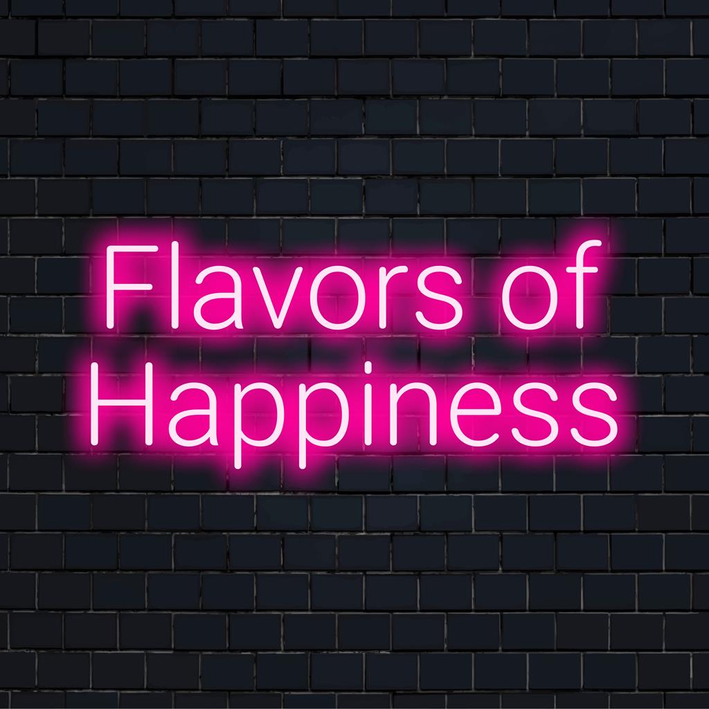 Eloisa mittatilaustyönä valmistettu LED-valokyltti Flavours Of Happiness, joka ilmentää ainutlaatuista neontaidesuunnittelua. Täydellinen henkilökohtaiseen sisustukseen.