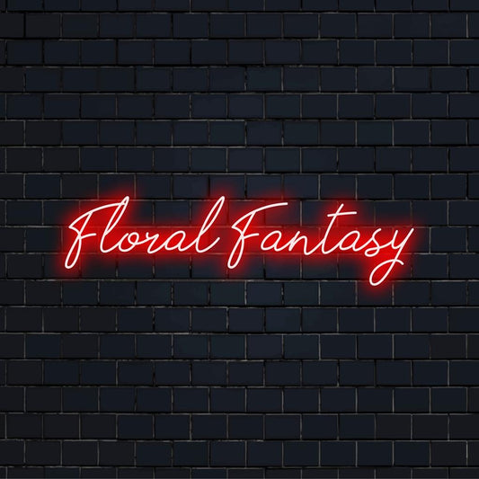 A vibrant neon sign titled Floral Fantasy, featuring an intricate floral design in glowing LED colors; perfect for adding charm to any space.