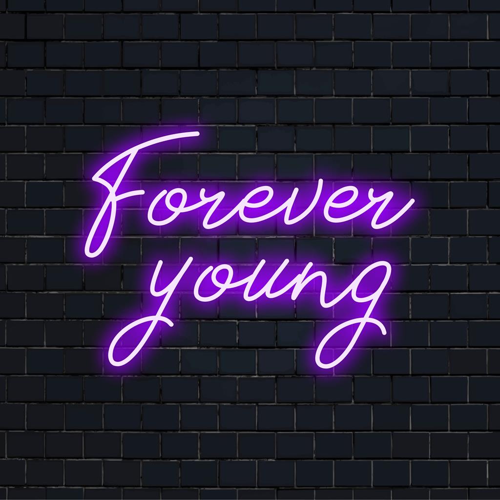 Vibrant Forever Young LED neon sign, perfect for adding a personalized glow to any space; ideal for modern decor enthusiasts.