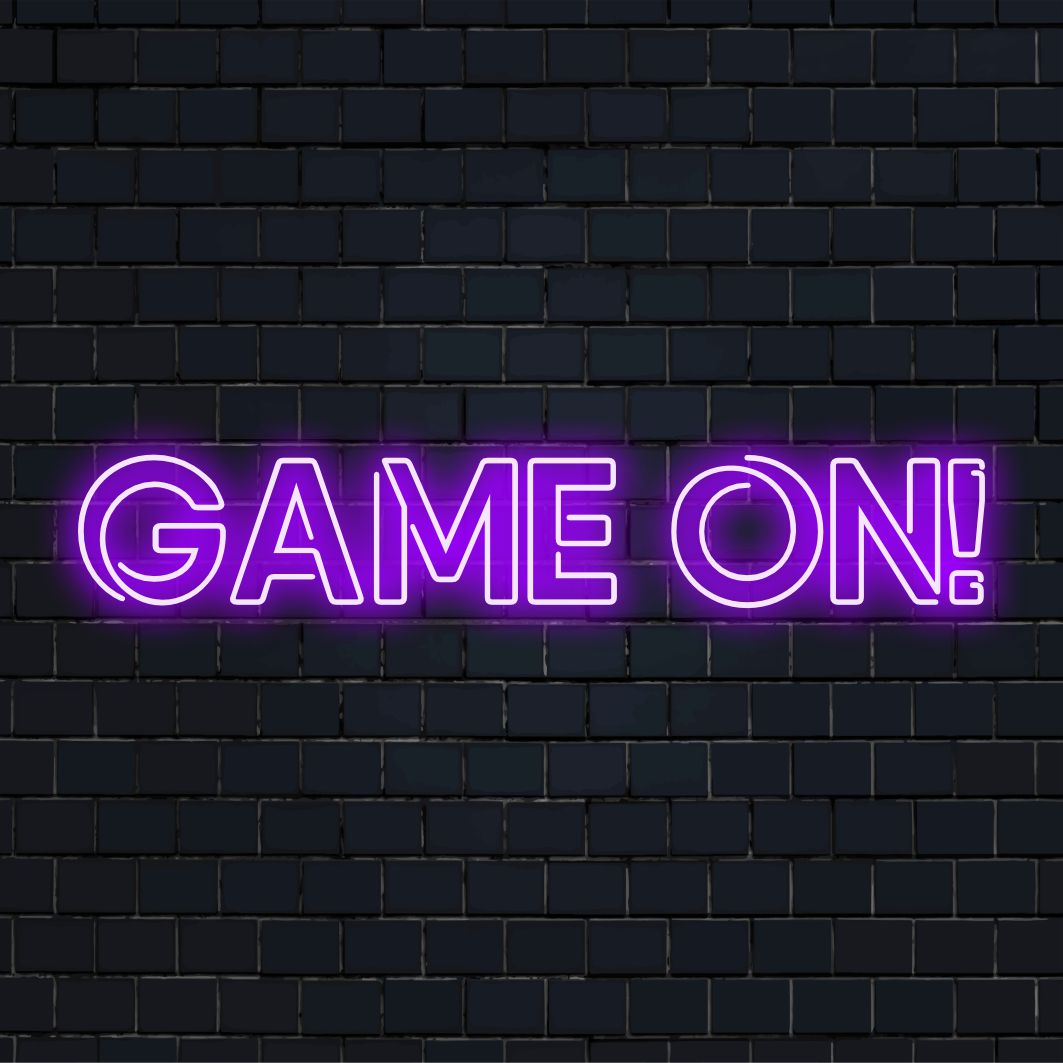 Vilkas "Game On!" LED-neonkyltti, täydellinen neonvalo sisustus pelihuoneisiin, jossa on lihavoitu kirjaimia ja dynaaminen muotoilu.